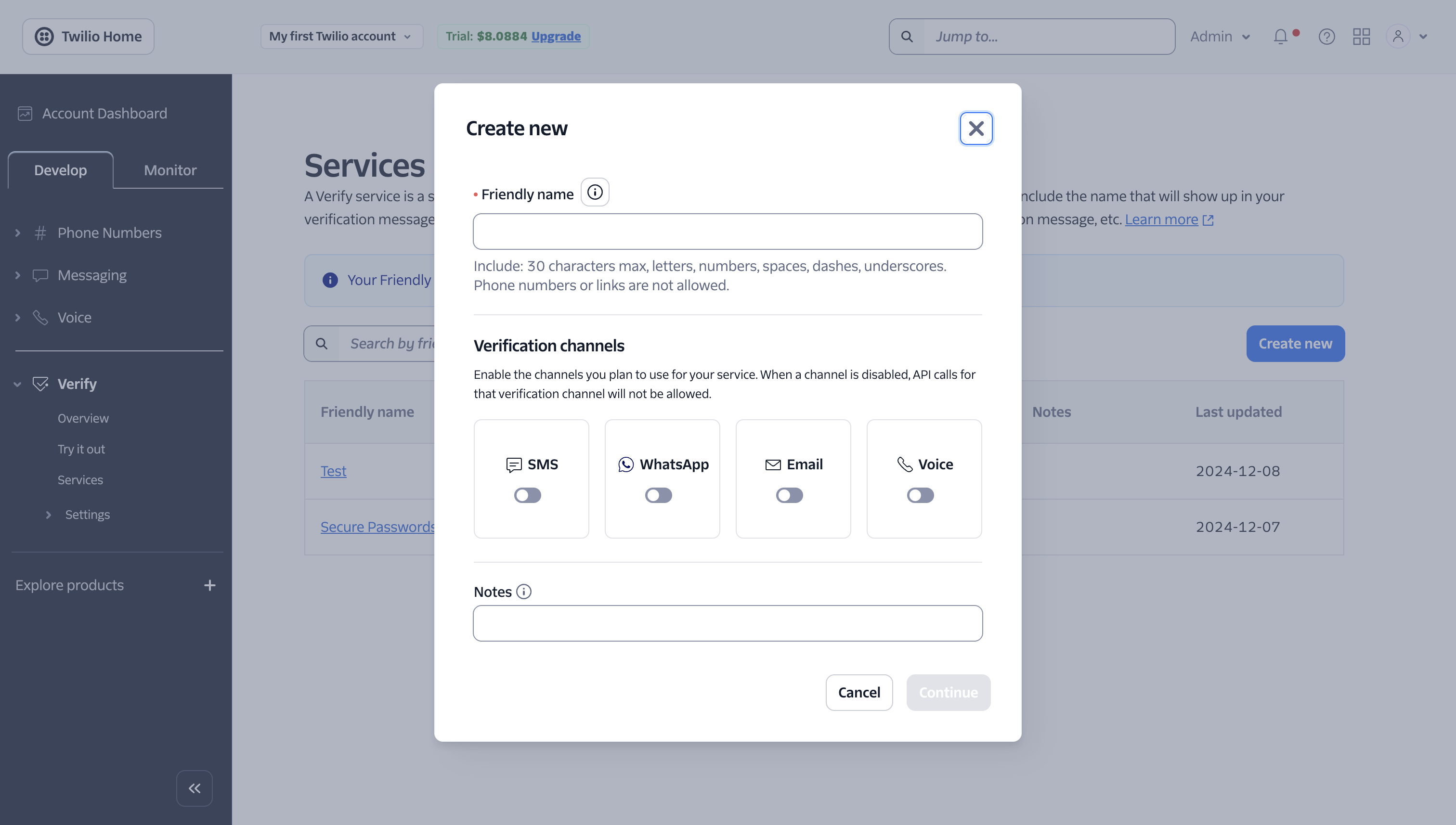 Twilio Services - Create New Pop Up